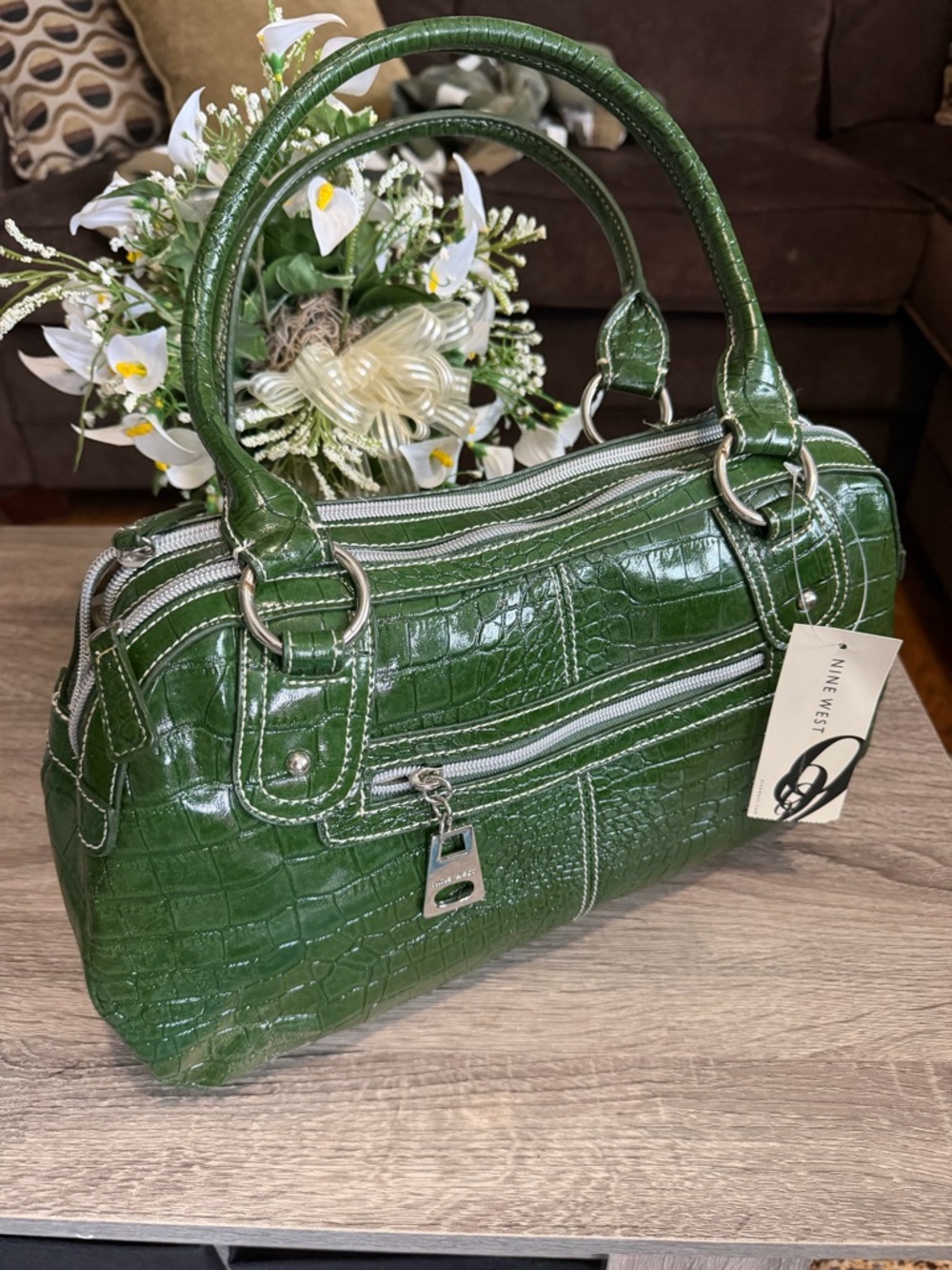 Nine West Vintage Croc-Embossed Green Satchel Bag Never Used